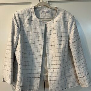 Kasper Women's White Silver Checkered Metallic Windowpane Open Front Blazer SzXL